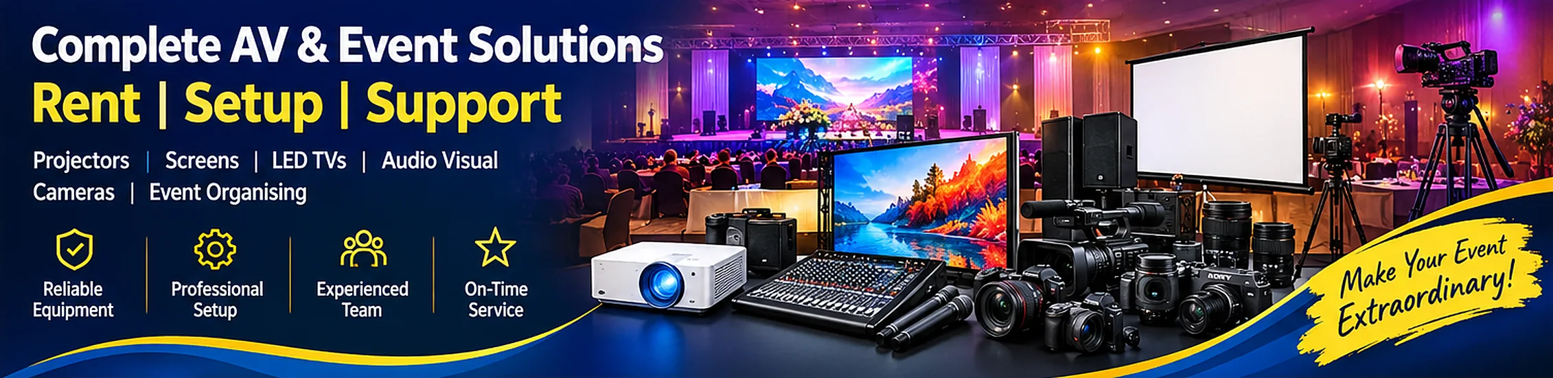 Complete AV and event solutions in Delhi NCR: projectors, screens, LED TVs, audio visual, cameras and event organising on rent with setup and support