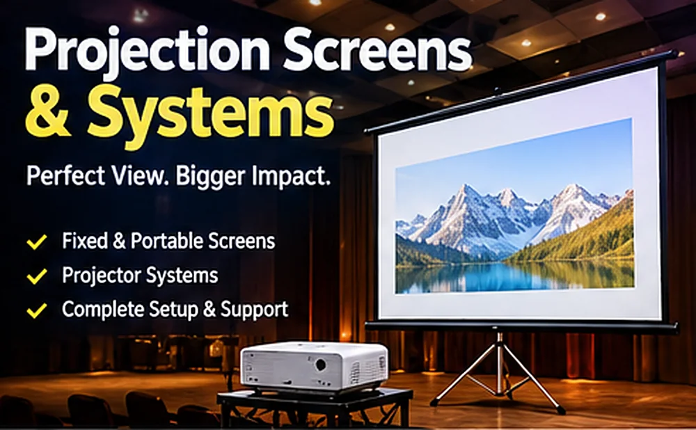Projection screens and systems on rent in Delhi NCR: fixed and portable screens with complete setup and support